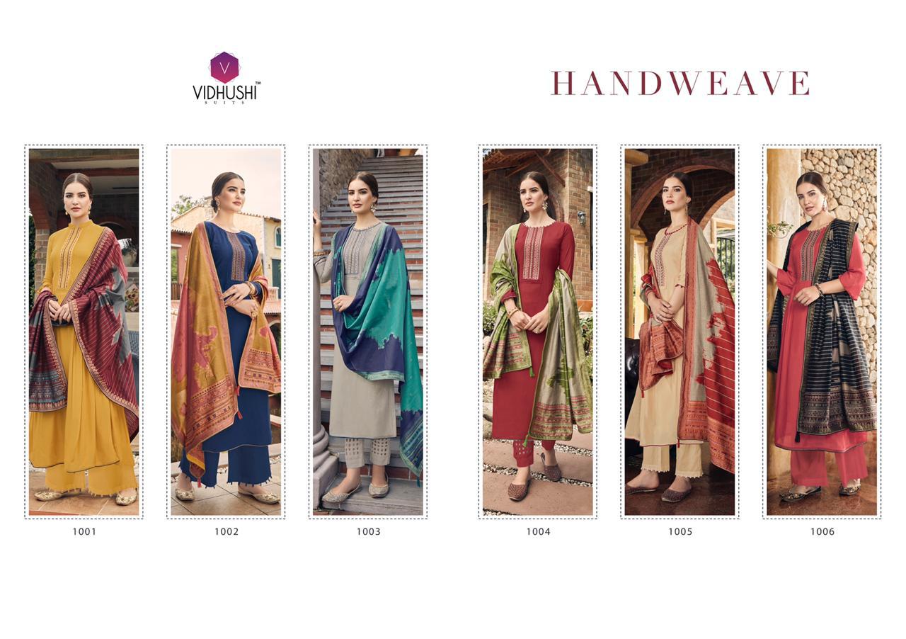Handweave  By Vidhushi Suits 1001 To 1006 Series Designer Festive Suits Collection Beautiful Stylish Fancy Colorful Party Wear & Occasional Wear Pure Viscose Muslin Silk With Embroidery  Dresses At Wholesale Price