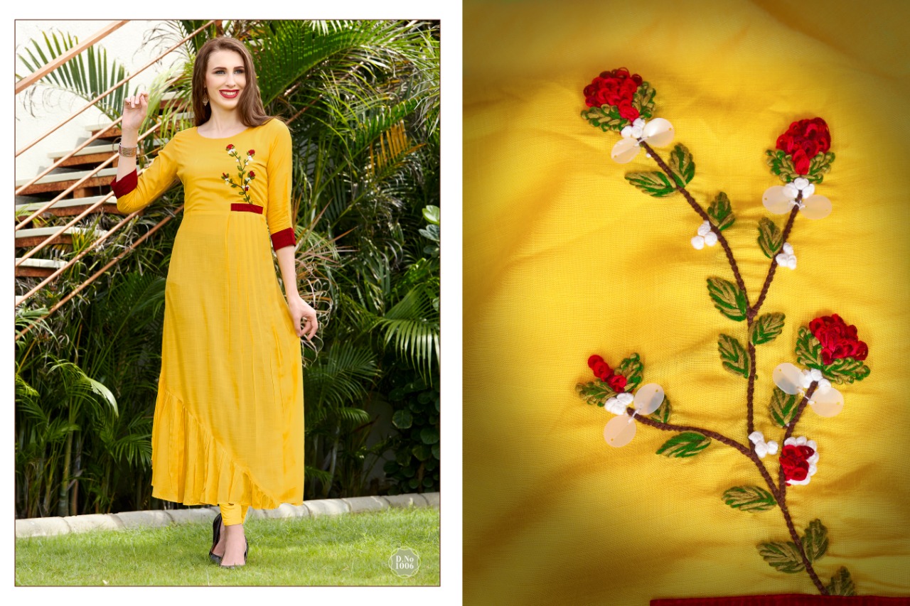 Handwork By Amaaya Garments 1001 To 1006 Series Beautiful Colorful Stylish Fancy Casual Wear & Ethnic Wear & Ready To Wear Heavy Rayon Slub Kurtis At Wholesale Price