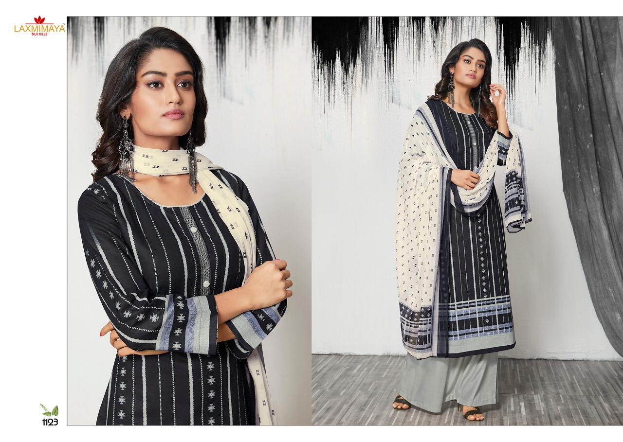 Harveen By Laxmimaya Silk Mills 1121 To 1129 Series Designer Suits Collection Beautiful Stylish Fancy Colorful Party Wear & Occasional Wear Pure Cotton Lawn Digital Print With Exclusive Embroidery Work On Neck Dresses At Wholesale Price