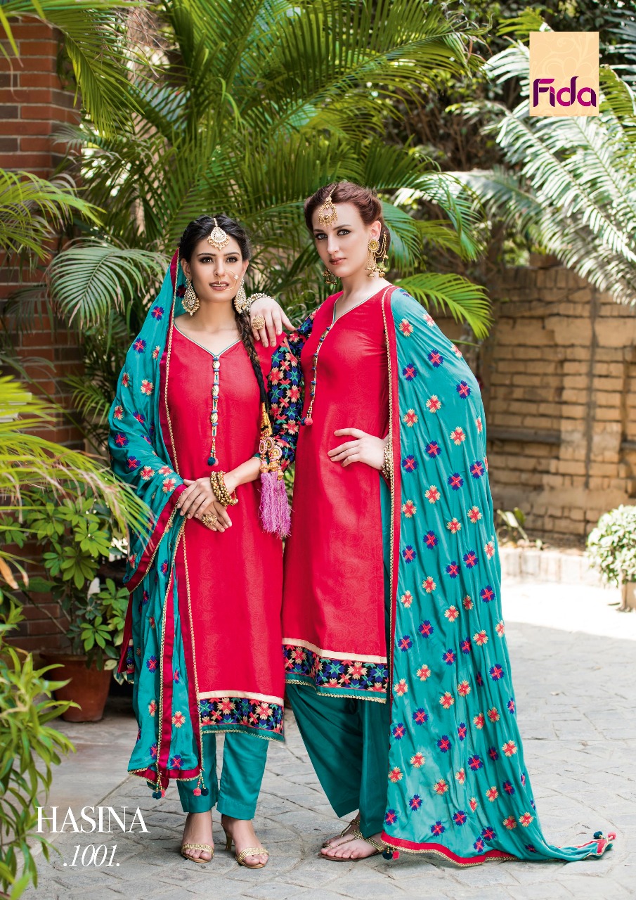 Hasina By Fida 1001 To 1006 Series Beautiful Patiyala Suits Embroidered Beautiful Stylish Fancy Colorful Casual Wear & Ethnic Wear Satin Jacquard Dresses At Wholesale Price
