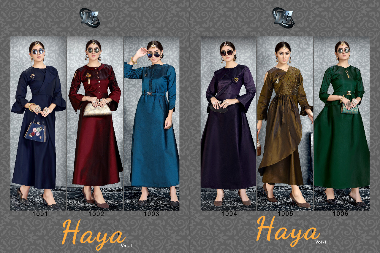 Haya Vol-1 By Darshan Creation 1001 To 1006 Series Beautiful Stylish Colorful Fancy Party Wear & Ethnic Wear & Ready To Wear Heavy Satin Tafeta With Heavy Work Kurtis At Wholesale Price