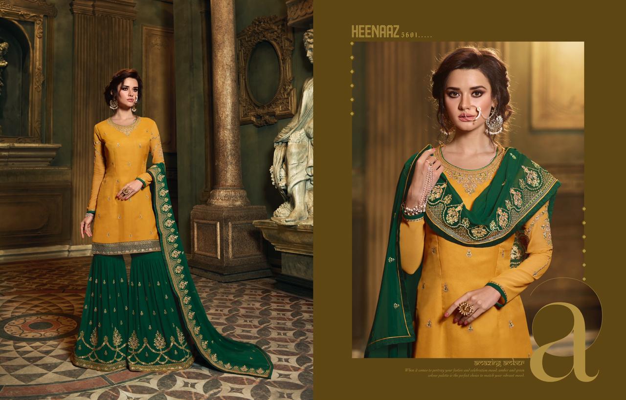 Heenaz Vol-56 By Mahaveer Fashion 5600 To 5406 Series Designer Suits Collection Beautiful Stylish Fancy Colorful Party Wear & Occasional Wear Satin Georgette Embroidered Dresses At Wholesale Price