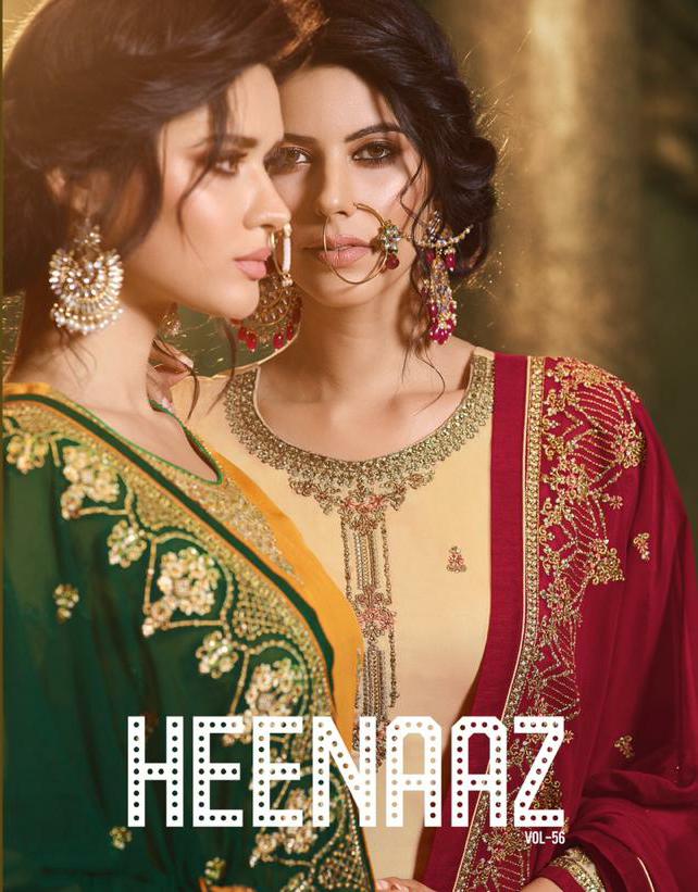Heenaz Vol-56 By Mahaveer Fashion 5600 To 5406 Series Designer Suits Collection Beautiful Stylish Fancy Colorful Party Wear & Occasional Wear Satin Georgette Embroidered Dresses At Wholesale Price