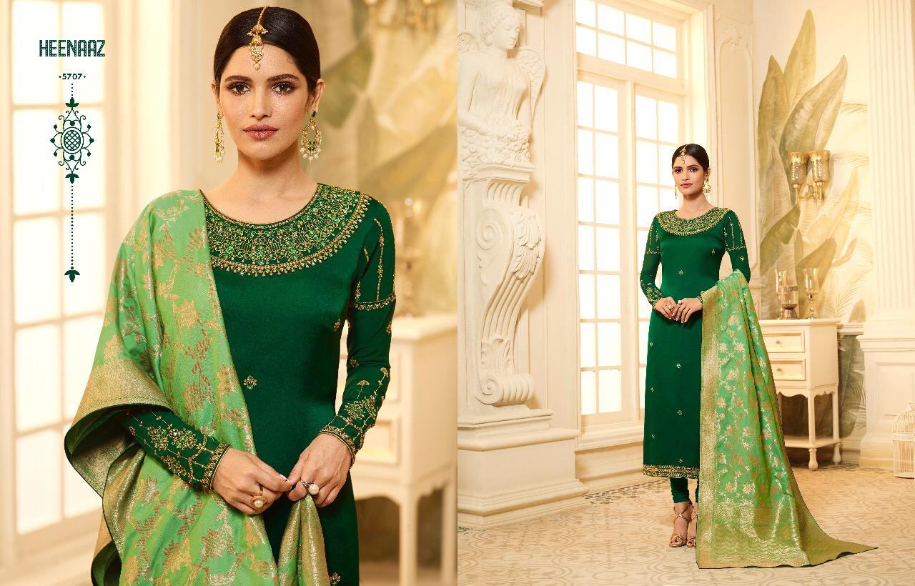 Heenaz Vol-57 By Mahaveer Fashion 5706 To 5713 Series Designer Suits Collection Beautiful Stylish Fancy Colorful Party Wear & Occasional Wear Satin Georgette Embroidered Dresses At Wholesale Price