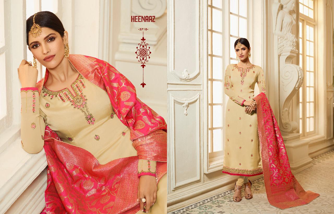 Heenaz Vol-57 By Mahaveer Fashion 5706 To 5713 Series Designer Suits Collection Beautiful Stylish Fancy Colorful Party Wear & Occasional Wear Satin Georgette Embroidered Dresses At Wholesale Price