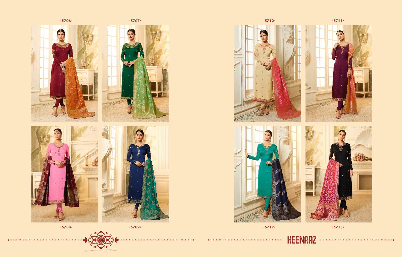 Heenaz Vol-57 By Mahaveer Fashion 5706 To 5713 Series Designer Suits Collection Beautiful Stylish Fancy Colorful Party Wear & Occasional Wear Satin Georgette Embroidered Dresses At Wholesale Price