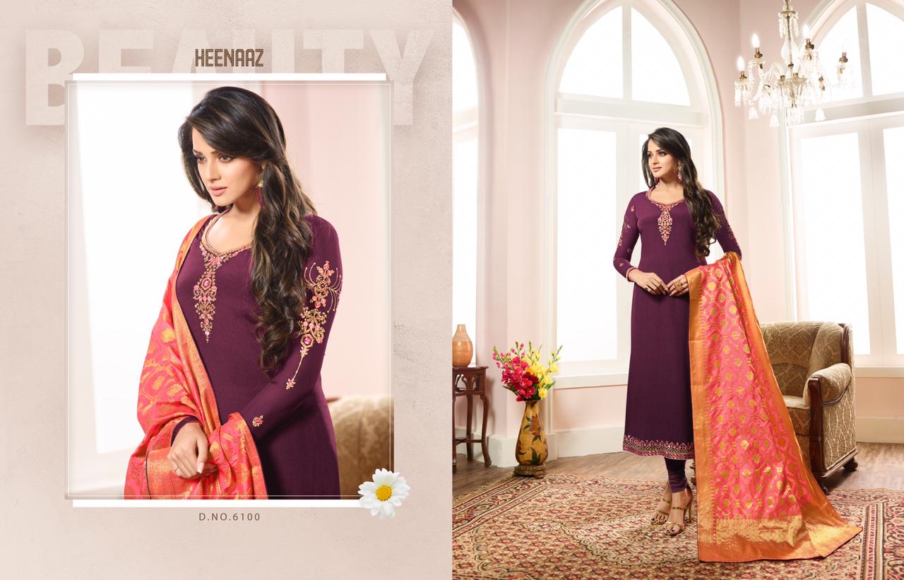 Heenaz Vol-61 By Mahaveer Fashion 6100 To 6107 Series Beautiful Winter Suits Collection Stylish Fancy Colorful Casual Wear & Ethnic Wear French Crepe Silk Dresses At Wholesale Price