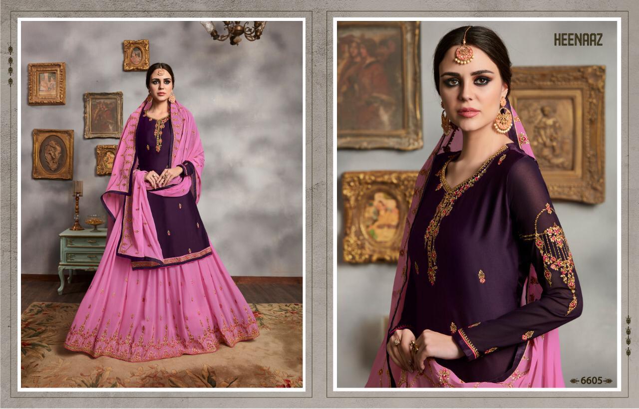 Heenaz Vol-66 By Mahaveer Fashion 6600 To 6606 Series Suits Beautiful Stylish Fancy Colorful Designer Party Wear & Ethnic Wear Satin Georgette With Heavy Embroidery Dresses At Wholesale Price