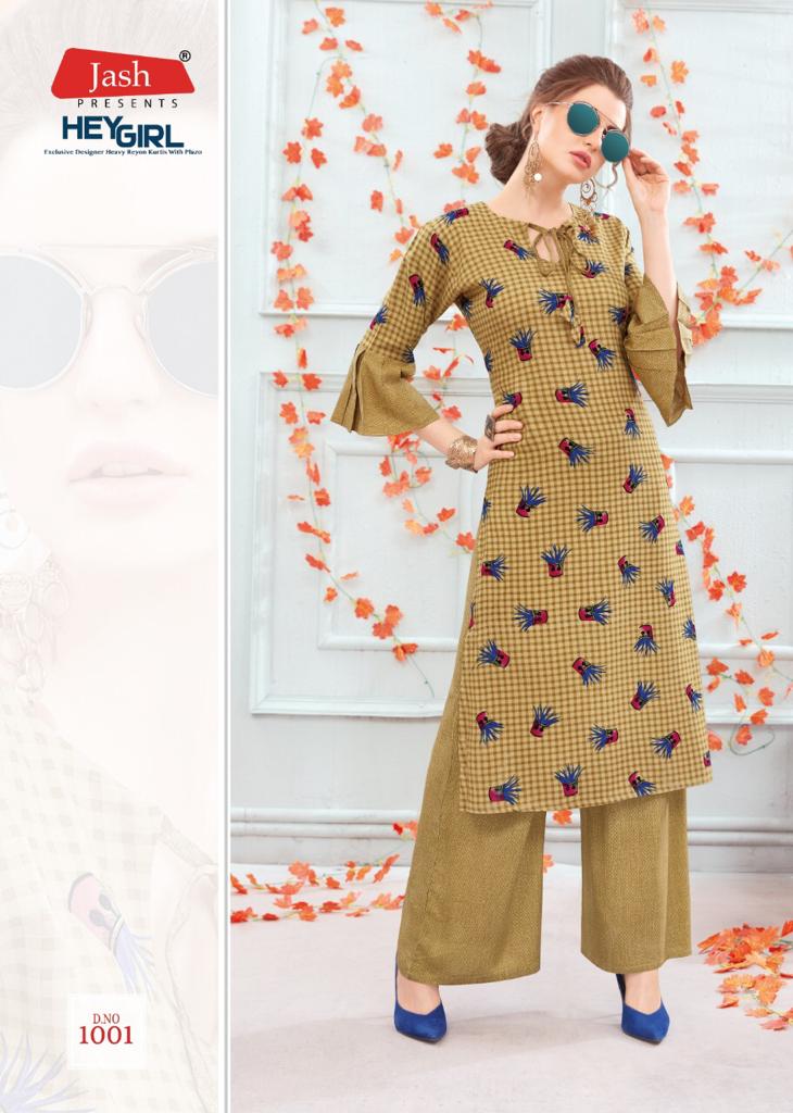 Hey Girl Vol-1 By Jash Enterprise 1001 To 1008 Series Beautiful Stylish Fancy Colorful Casual Wear & Ethnic Wear & Ready To Wear Heavy Rayon Printed Kurtis With Palazzo At Wholesale Price