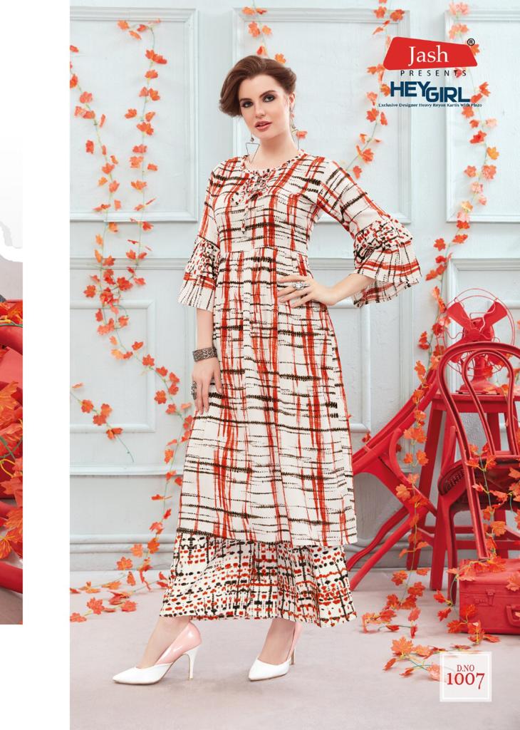 Hey Girl Vol-1 By Jash Enterprise 1001 To 1008 Series Beautiful Stylish Fancy Colorful Casual Wear & Ethnic Wear & Ready To Wear Heavy Rayon Printed Kurtis With Palazzo At Wholesale Price