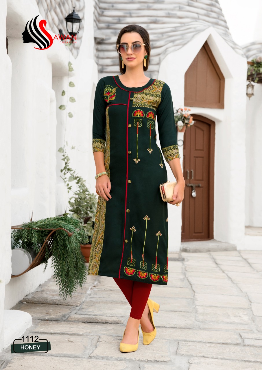 Honey Vol-11 By Sawan Creation 1101 To 1112 Series Beautiful Stylish Colorful Fancy Party Wear & Ethnic Wear & Ready To Wear Heavy Rayon Embroidered Kurtis At Wholesale Price