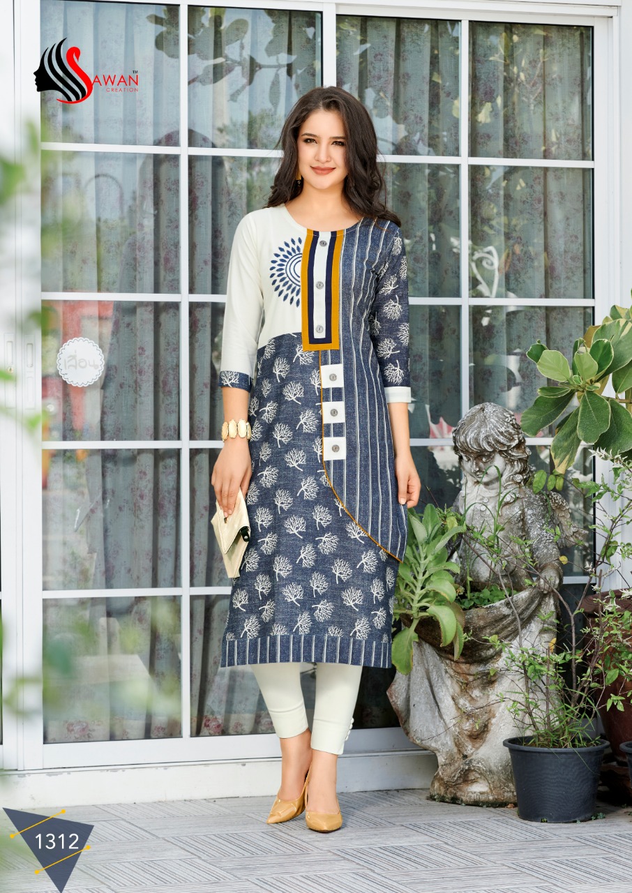 Honey Vol-13 By Sawan Creation 1301 To 1312 Series Beautiful Stylish Fancy Colorful Casual Wear & Ethnic Wear & Ready To Wear Heavy Rayon Printed With Embroidery Kurtis At Wholesale Price