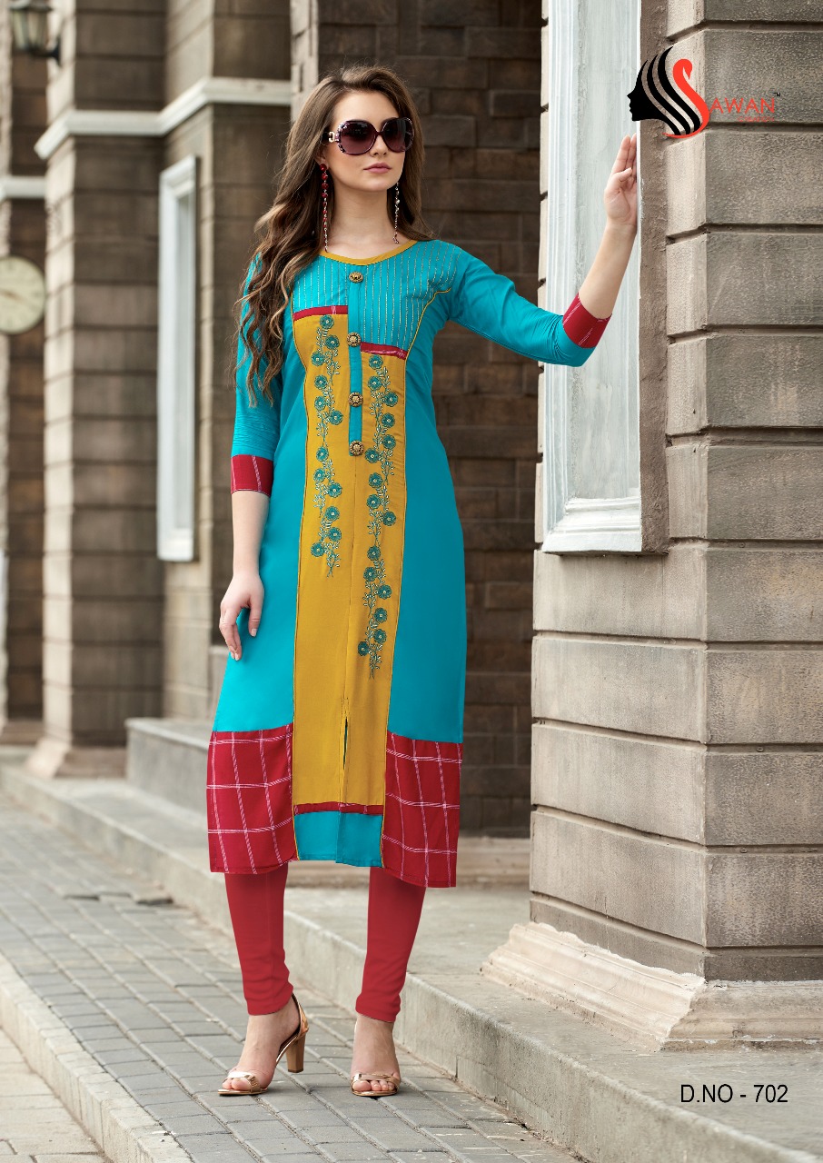 Honey Vol-7 By Sawan Creation 701 To 714 Series Beautiful Colorful Stylish Fancy Casual Wear & Ethnic Wear & Ready To Wear Heavy Rayon Printed Kurtis At Wholesale Price
