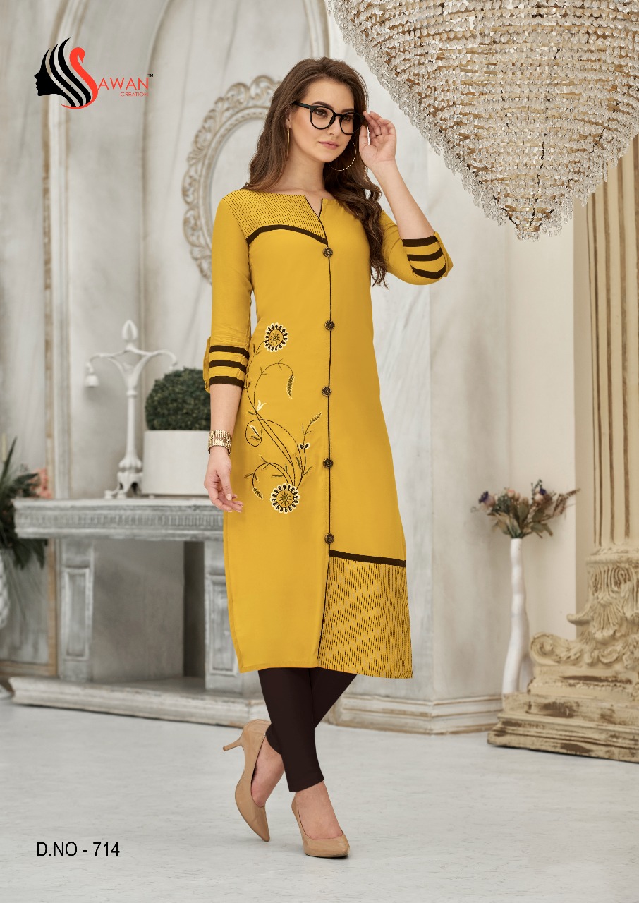 Honey Vol-7 By Sawan Creation 701 To 714 Series Beautiful Colorful Stylish Fancy Casual Wear & Ethnic Wear & Ready To Wear Heavy Rayon Printed Kurtis At Wholesale Price