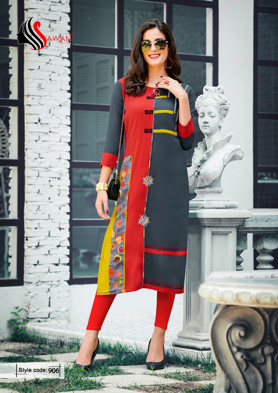 Honey Vol-9 By Sawan Creation 901 To 912 Series Beautiful Stylish Fancy Colorful Casual Wear & Ethnic Wear & Ready To Wear Heavy Rayon Printed Kurtis At Wholesale Price