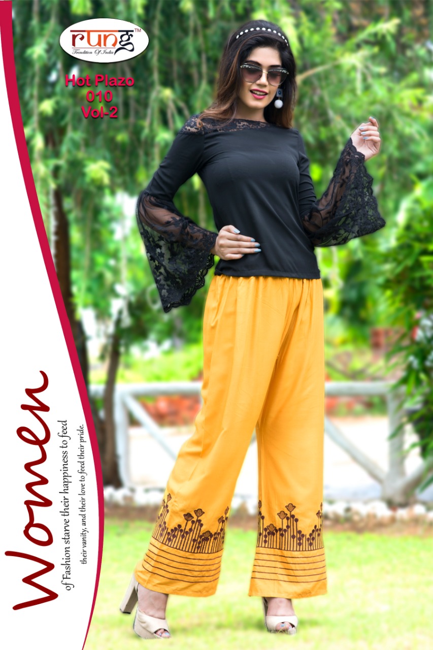 Hot Plazo Vol-2 By Rung 01 To 10 Series Beautiful Colorful Stylish Fancy Casual Wear & Ethnic Wear & Ready To Wear Heavy Rayon Embroidered Palazzos At Wholesale Price