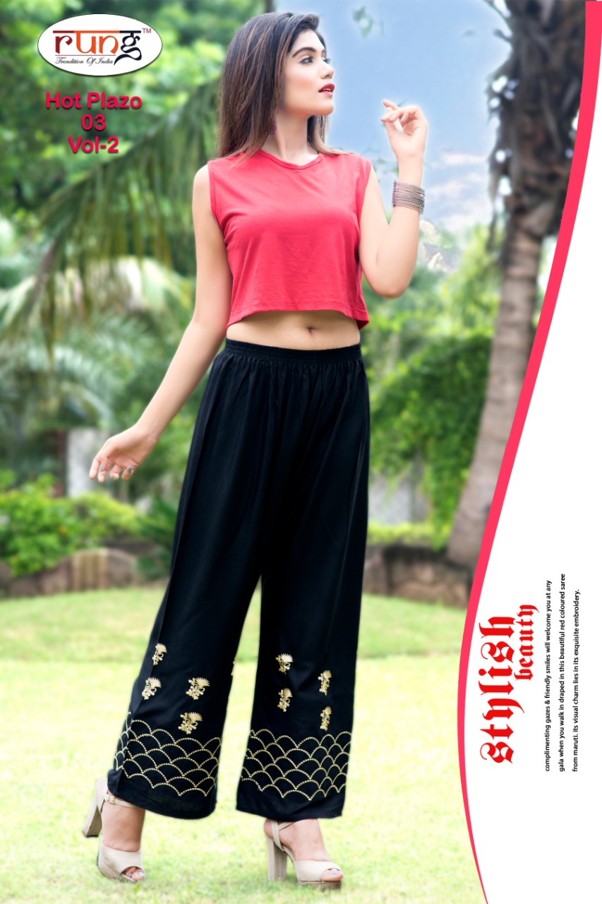 Hot Plazo Vol-2 By Rung 01 To 10 Series Beautiful Colorful Stylish Fancy Casual Wear & Ethnic Wear & Ready To Wear Heavy Rayon Embroidered Palazzos At Wholesale Price