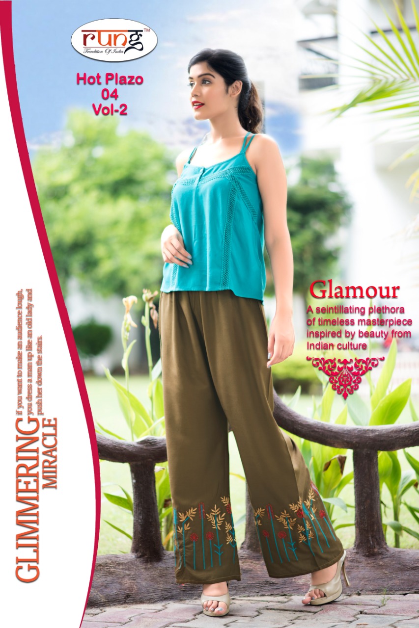 Hot Plazo Vol-2 By Rung 01 To 10 Series Beautiful Colorful Stylish Fancy Casual Wear & Ethnic Wear & Ready To Wear Heavy Rayon Embroidered Palazzos At Wholesale Price