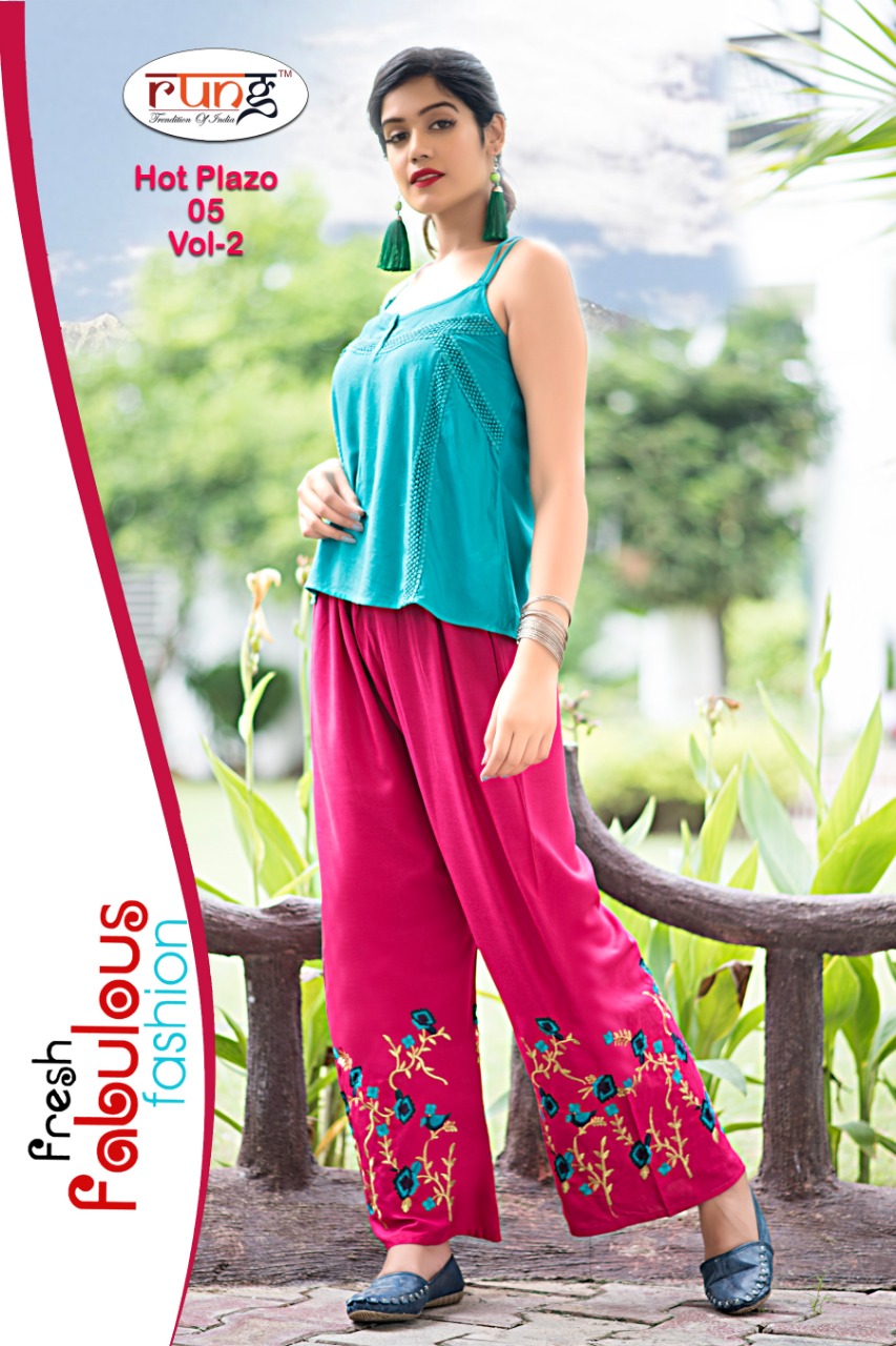 Hot Plazo Vol-2 By Rung 01 To 10 Series Beautiful Colorful Stylish Fancy Casual Wear & Ethnic Wear & Ready To Wear Heavy Rayon Embroidered Palazzos At Wholesale Price