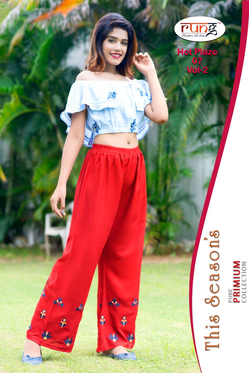 Hot Plazo Vol-2 By Rung 01 To 10 Series Beautiful Colorful Stylish Fancy Casual Wear & Ethnic Wear & Ready To Wear Heavy Rayon Embroidered Palazzos At Wholesale Price
