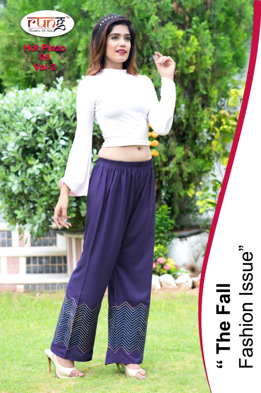 Hot Plazo Vol-2 By Rung 01 To 10 Series Beautiful Colorful Stylish Fancy Casual Wear & Ethnic Wear & Ready To Wear Heavy Rayon Embroidered Palazzos At Wholesale Price