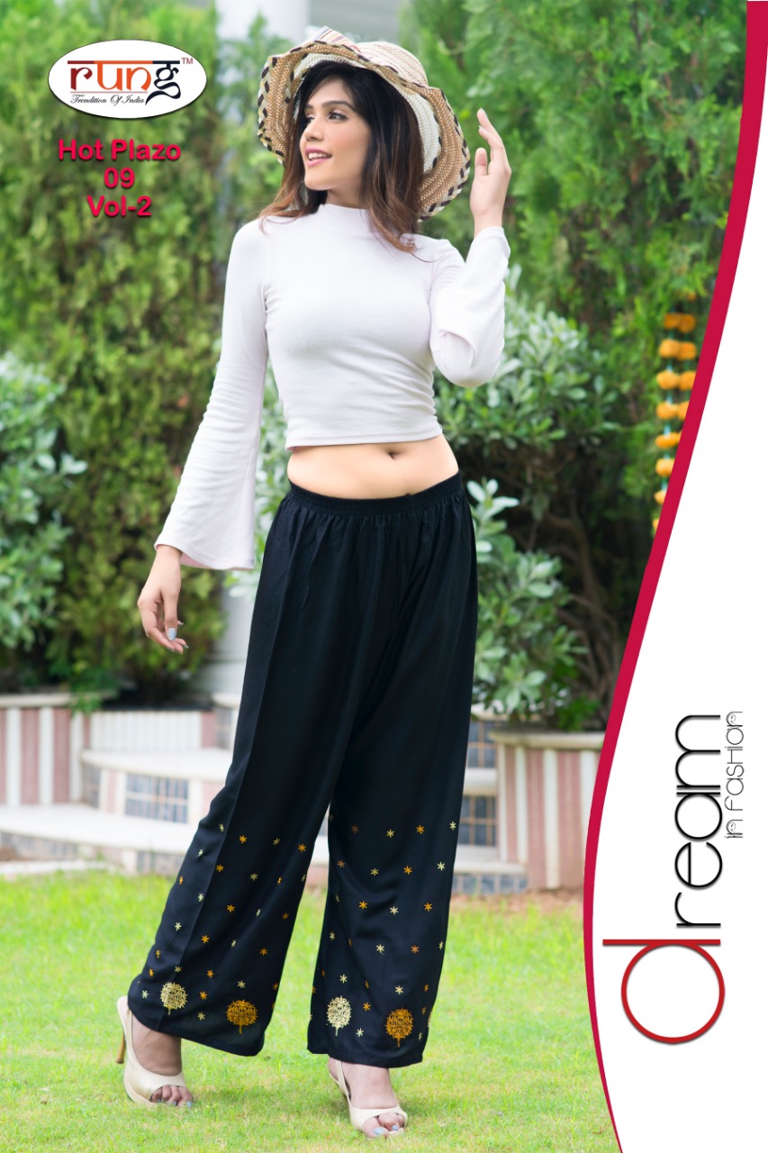 Hot Plazo Vol-2 By Rung 01 To 10 Series Beautiful Colorful Stylish Fancy Casual Wear & Ethnic Wear & Ready To Wear Heavy Rayon Embroidered Palazzos At Wholesale Price
