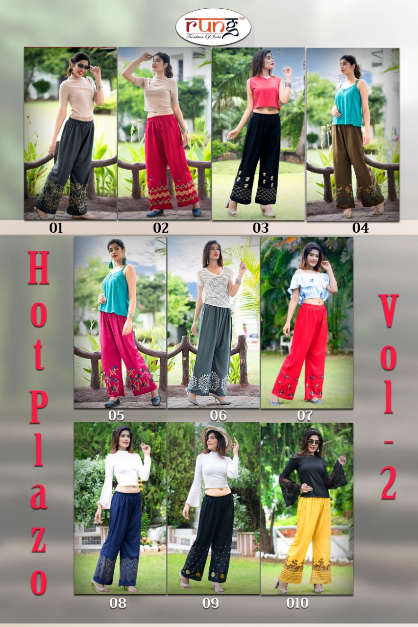 Hot Plazo Vol-2 By Rung 01 To 10 Series Beautiful Colorful Stylish Fancy Casual Wear & Ethnic Wear & Ready To Wear Heavy Rayon Embroidered Palazzos At Wholesale Price