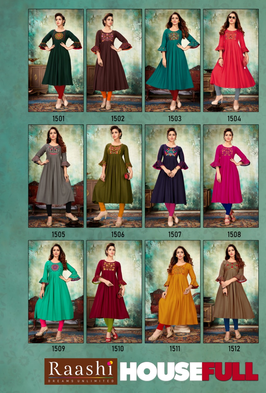 Housefull By Raashi 1501 To 1512 Series Beautiful Stylish Fancy Colorful Casual Wear & Ethnic Wear & Ready To Wear Heavy Rayon Embroidered Kurtis At Wholesale Price