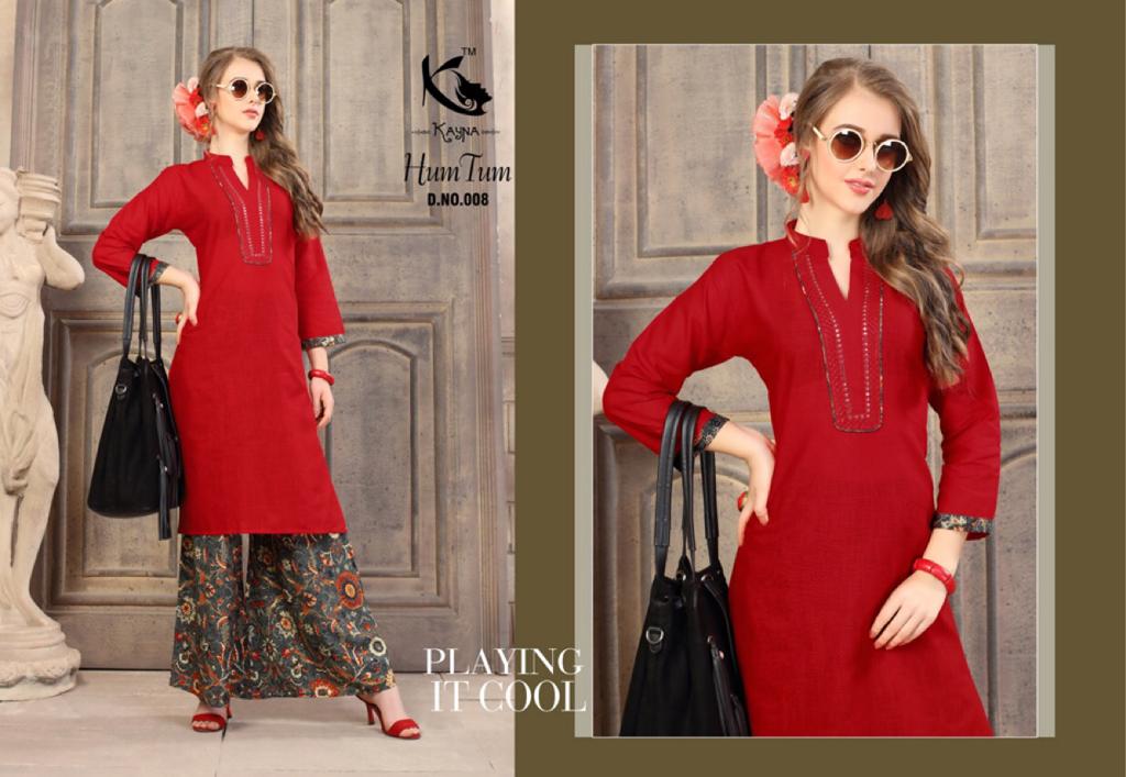 Hum Tum By Kayna 001 To 010 Series Beautiful Colorful Stylish Fancy Casual Wear & Ethnic Wear & Ready To Wear Cotton Slub & Rayon Printed Kurtis & Palazzos At Wholesale Price