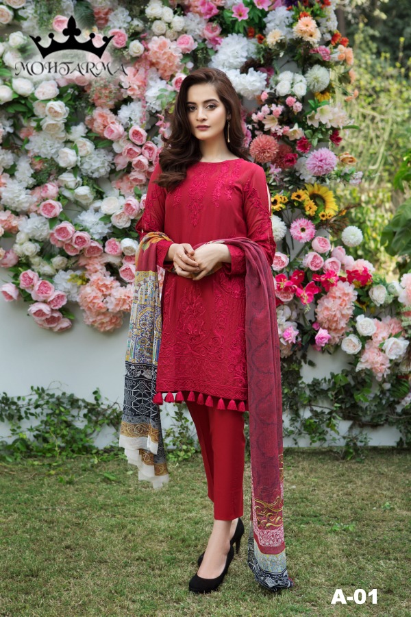 Intizaar By Mohtarma Fabrics 01 To 05 Series Designer Pakistani Suits Embroidered Stylish Fancy Beautiful Colorful Faux Georgette Dresses At Wholesale Price