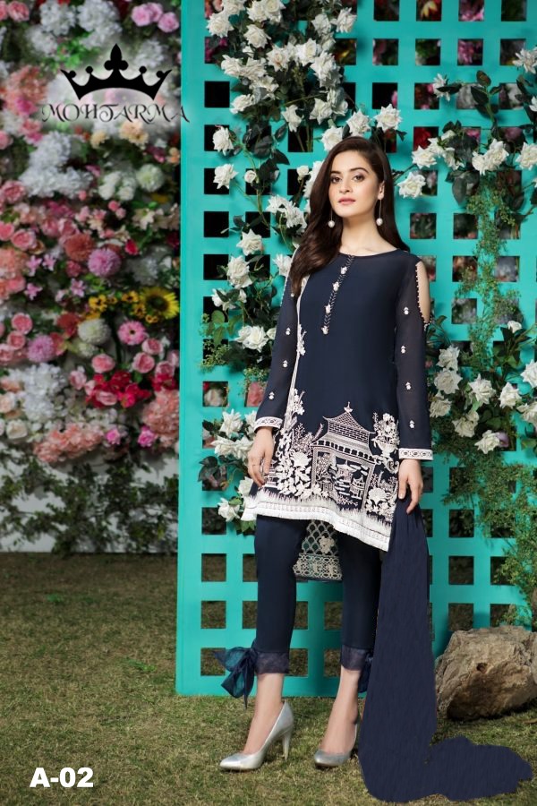 Intizaar By Mohtarma Fabrics 01 To 05 Series Designer Pakistani Suits Embroidered Stylish Fancy Beautiful Colorful Faux Georgette Dresses At Wholesale Price
