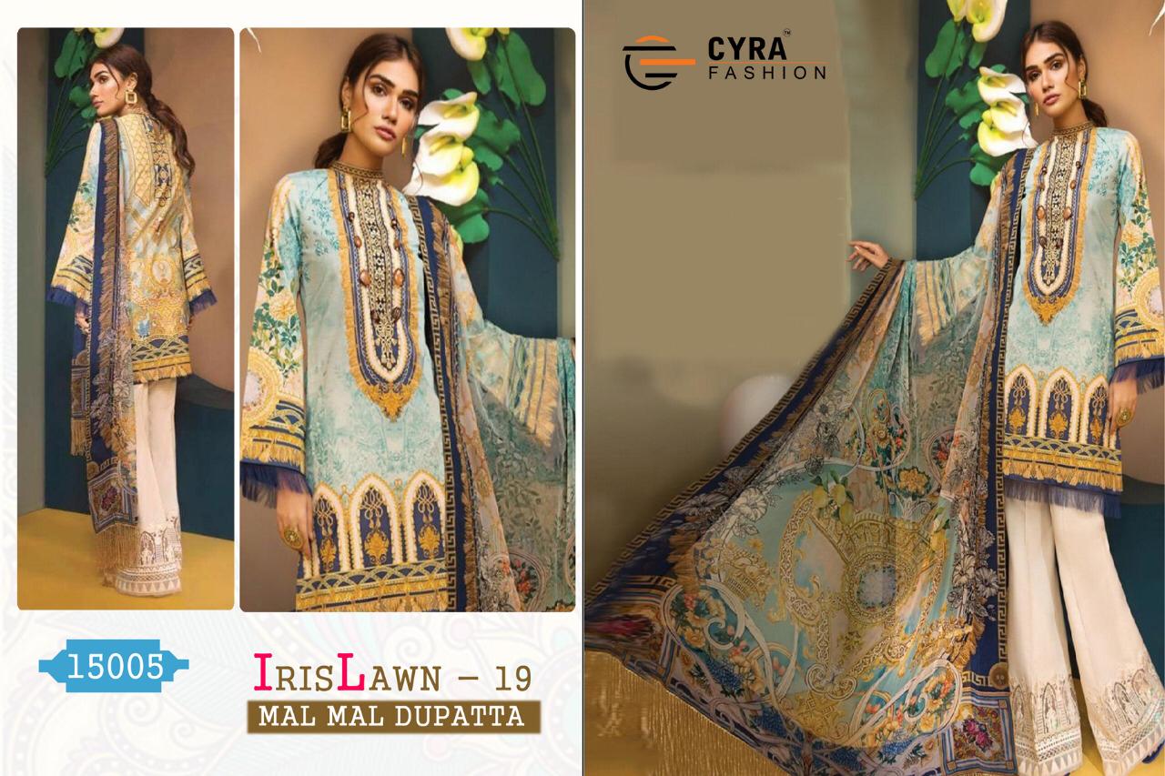 Iris Lawn Vol-19 By Cyra Fashion 15001 To 15005 Series Designer Pakistani Suits Collection Beautiful Stylish Fancy Colorful Party Wear & Occasional Wear Pure Cotton Print With Heavy Embroidery Dresses At Wholesale Price