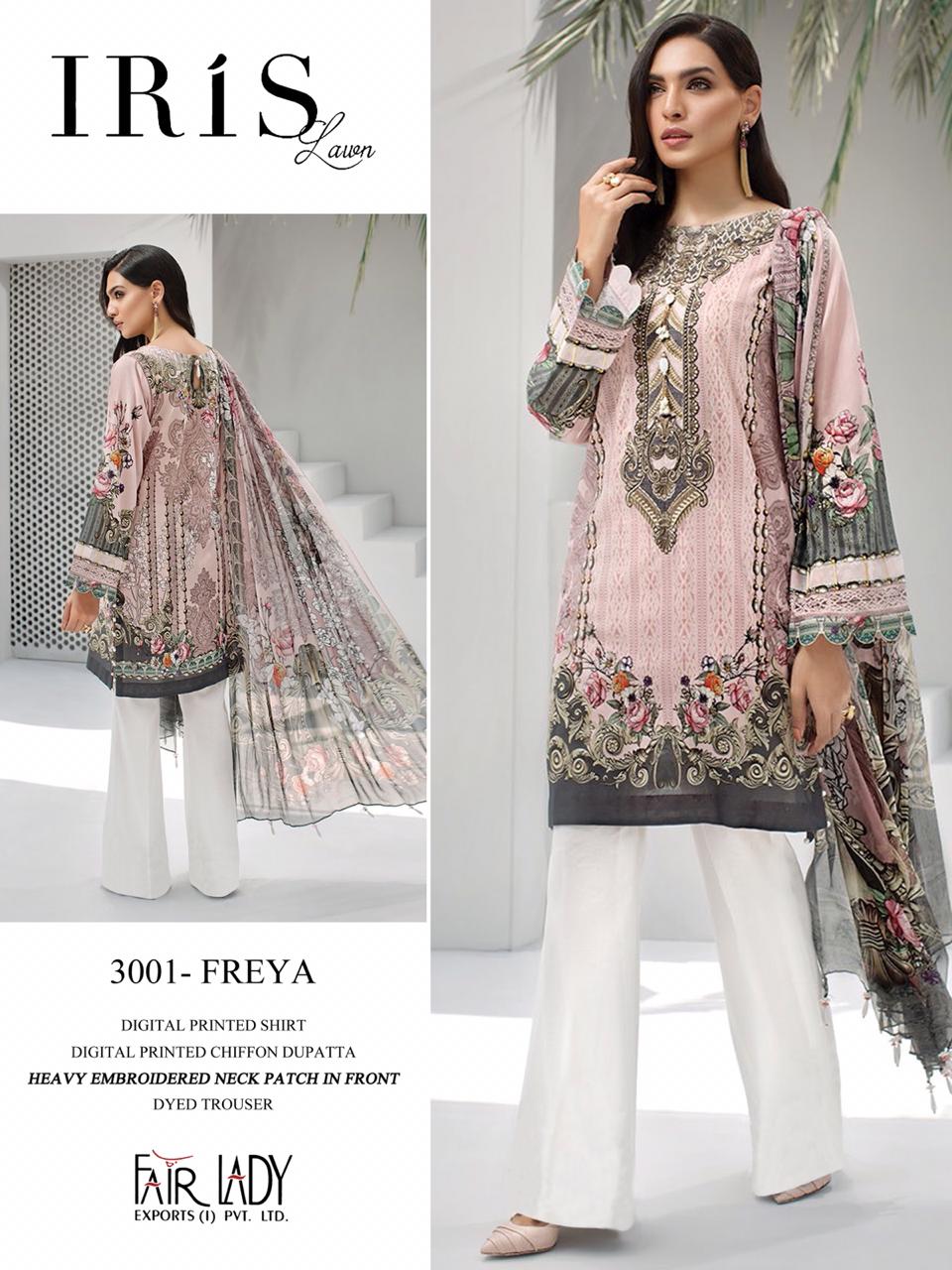 IRIS LAWN BY FAIR LADY 3001 TO 3005 SERIES BEAUTIFUL PAKISTANI SUITS  STYLISH FANCY COLORFUL PARTY