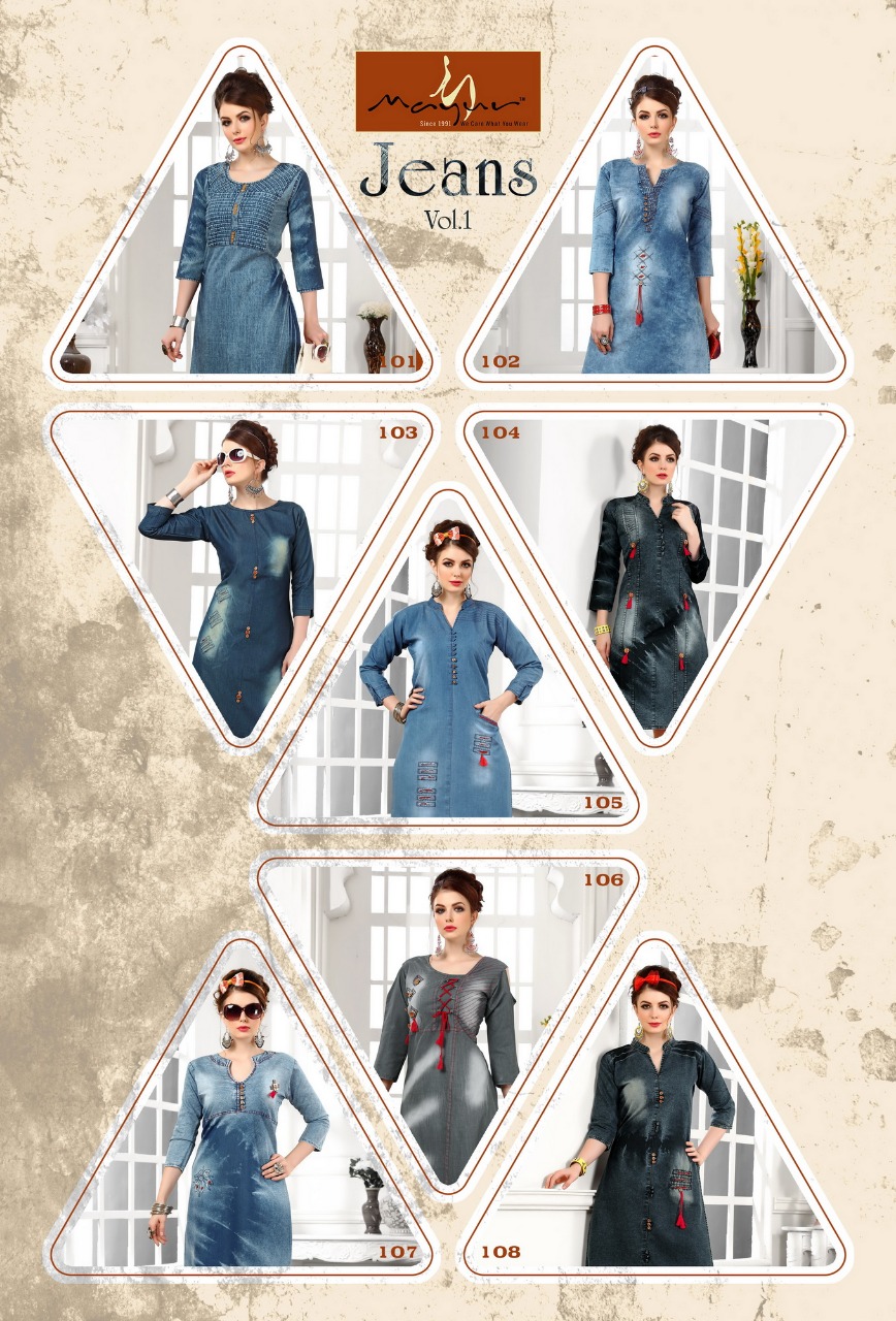 Jeans Vol-1 By Mayur 101 To 108 Series Designer Beautiful Stylish Fancy Colorful Casual Wear & Ethnic Wear Collection Denim Kurtis At Wholesale Price