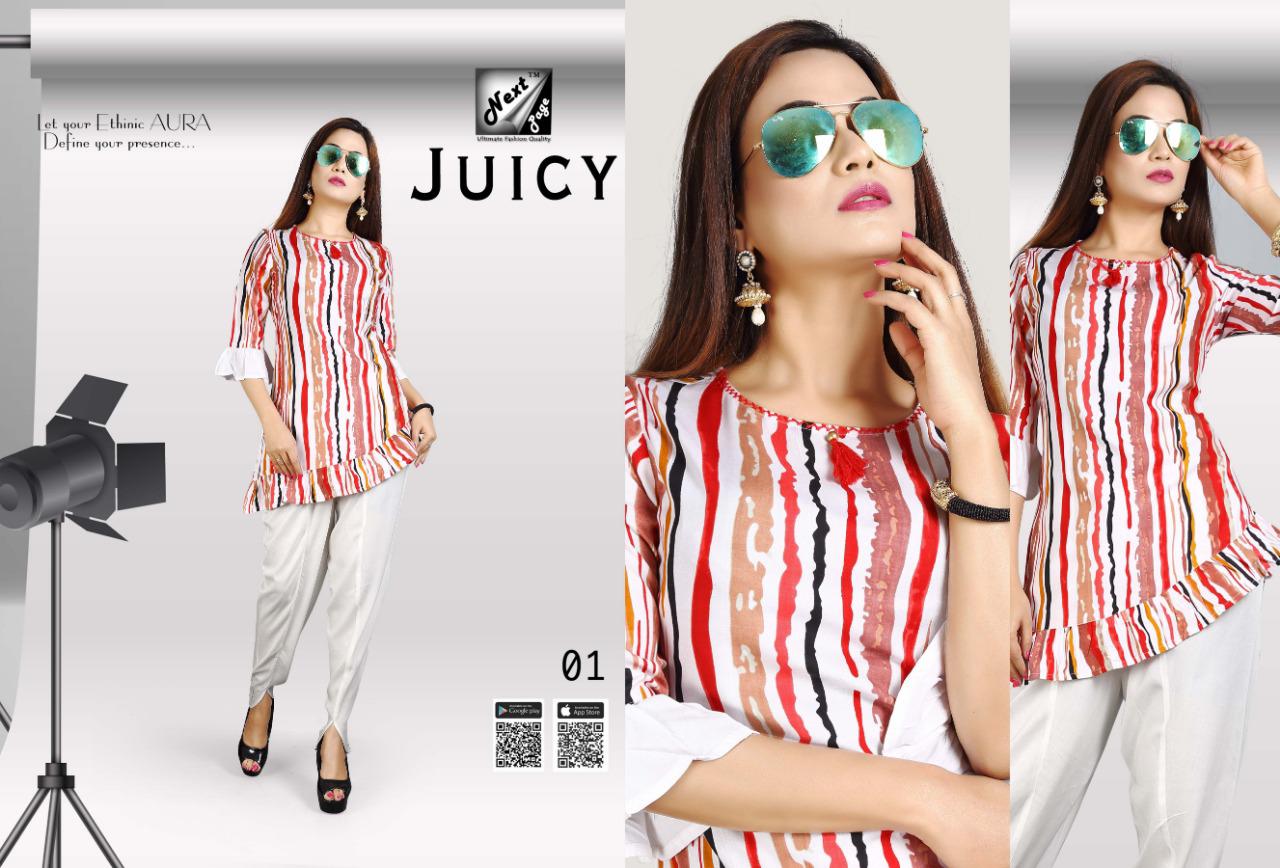 Juicy By Next Page 01 To 10 Series Beautiful Colorful Stylish Fancy Casual Wear & Ethnic Wear Heavy Rayon Printed Kurtis With Bottom At Wholesale Price