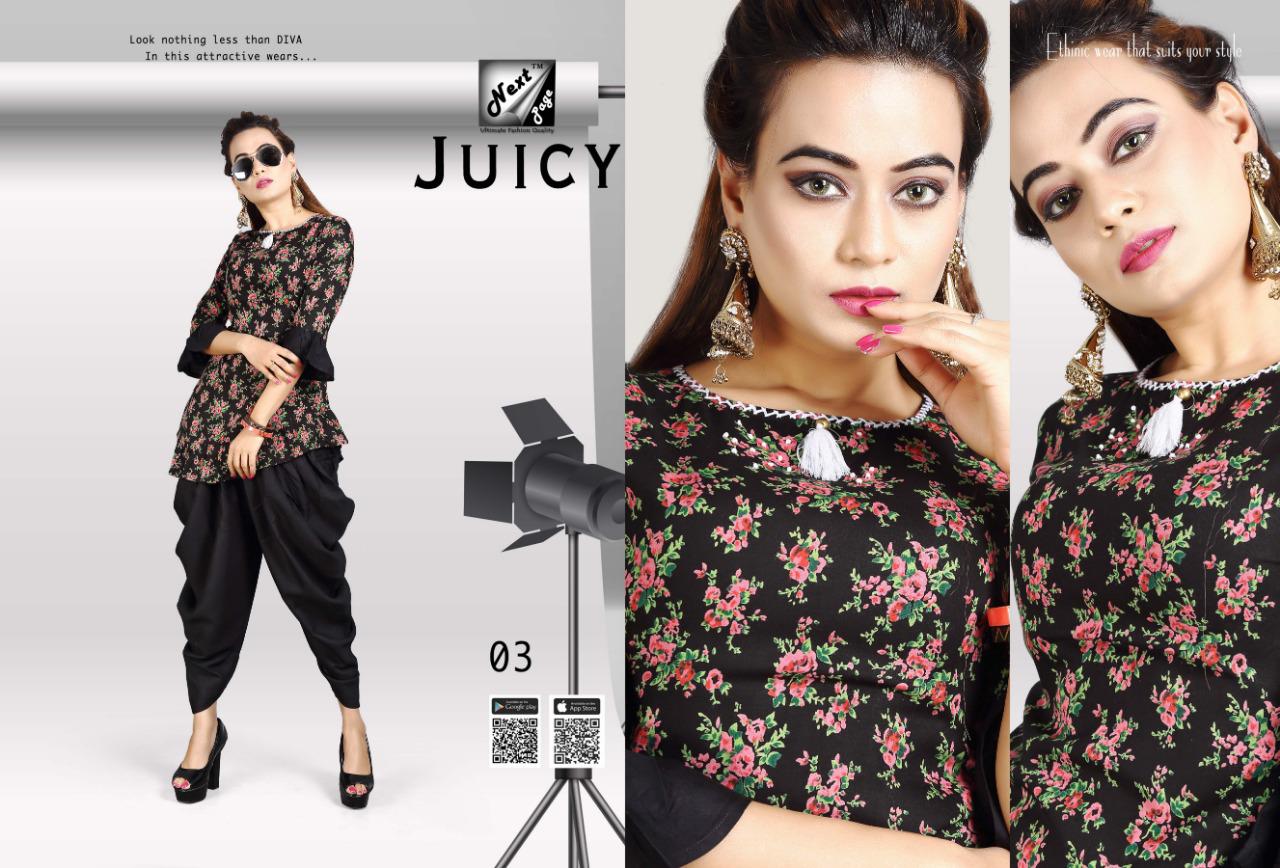 Juicy By Next Page 01 To 10 Series Beautiful Colorful Stylish Fancy Casual Wear & Ethnic Wear Heavy Rayon Printed Kurtis With Bottom At Wholesale Price
