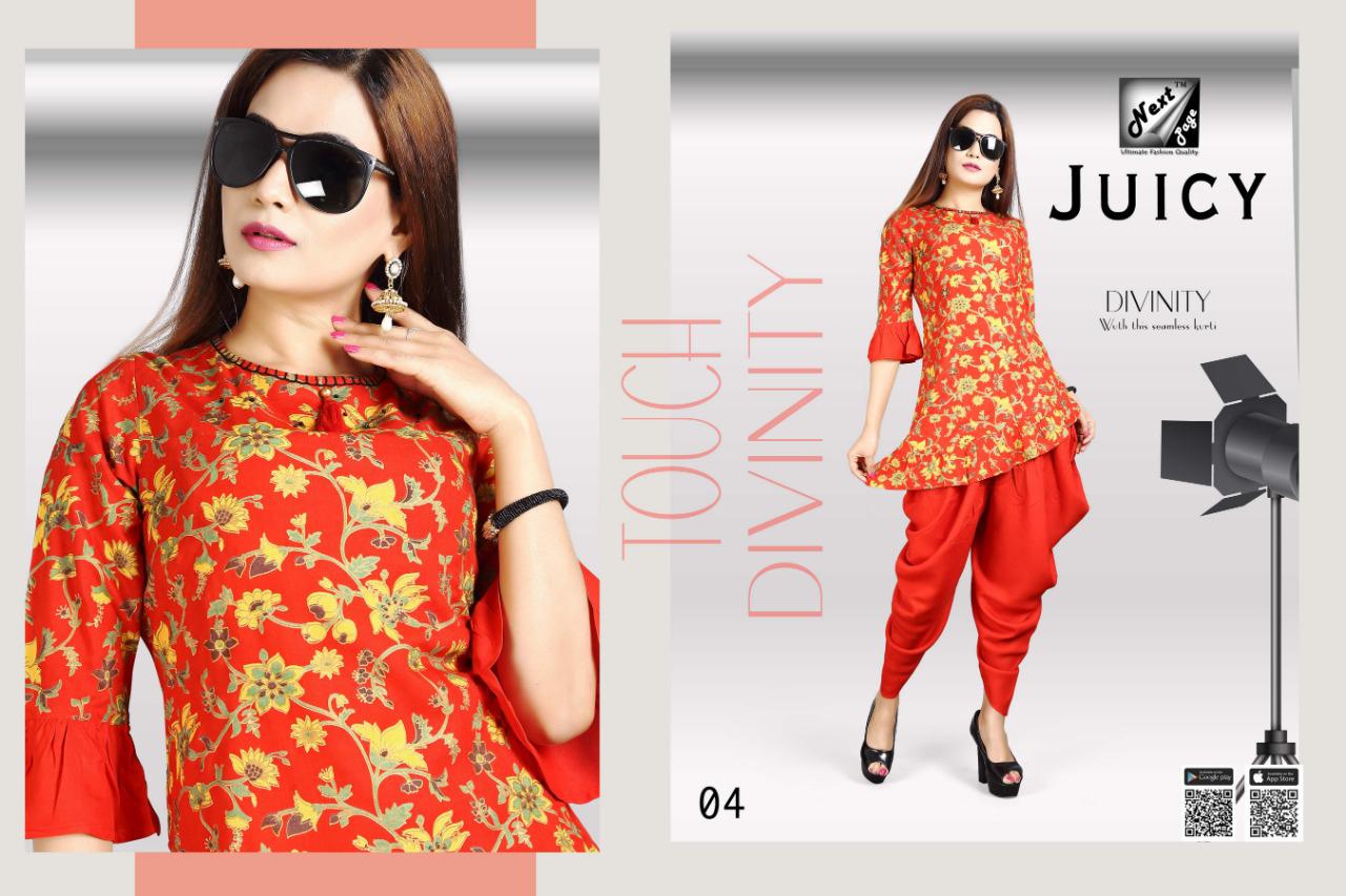 Juicy By Next Page 01 To 10 Series Beautiful Colorful Stylish Fancy Casual Wear & Ethnic Wear Heavy Rayon Printed Kurtis With Bottom At Wholesale Price