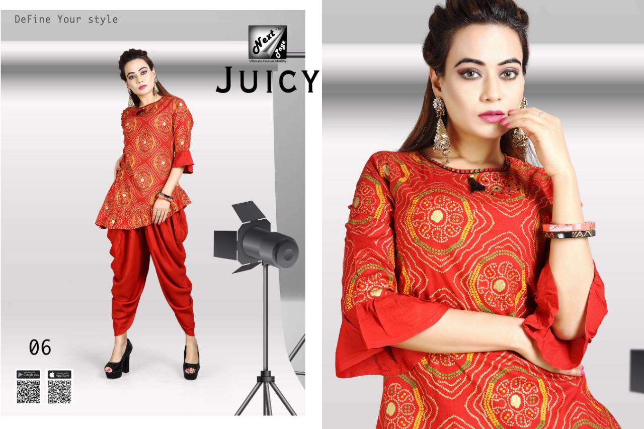 Juicy By Next Page 01 To 10 Series Beautiful Colorful Stylish Fancy Casual Wear & Ethnic Wear Heavy Rayon Printed Kurtis With Bottom At Wholesale Price