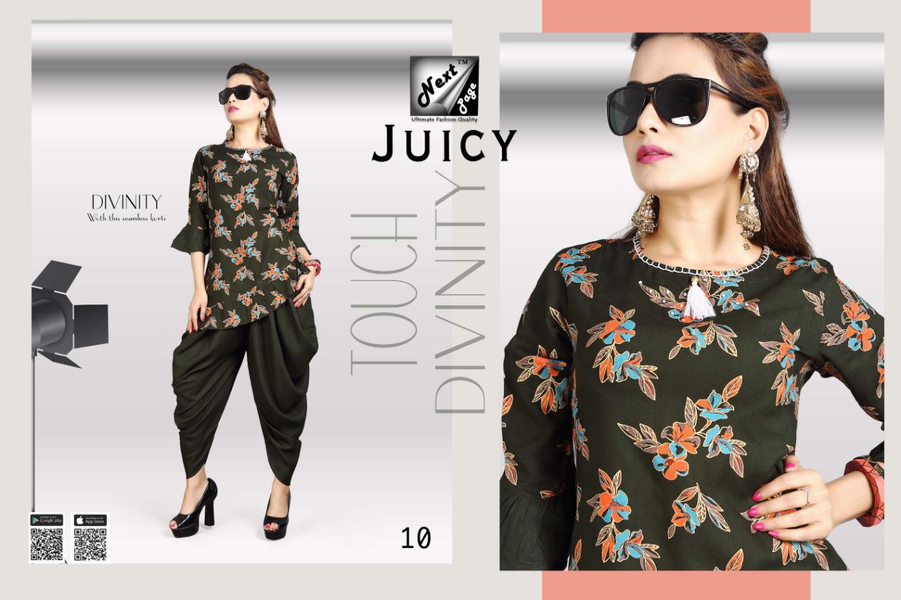 Juicy By Next Page 01 To 10 Series Beautiful Colorful Stylish Fancy Casual Wear & Ethnic Wear Heavy Rayon Printed Kurtis With Bottom At Wholesale Price