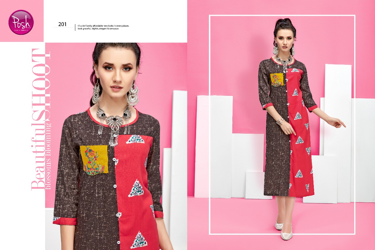 Kajo By Posh 201 To 206 Series Beautiful Stylish Fancy Colorful Casual Wear & Ethnic Wear & Ready To Wear Pure Rayon Printed Kurtis At Wholesale Price