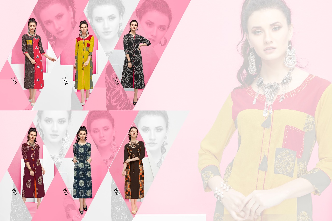 Kajo By Posh 201 To 206 Series Beautiful Stylish Fancy Colorful Casual Wear & Ethnic Wear & Ready To Wear Pure Rayon Printed Kurtis At Wholesale Price