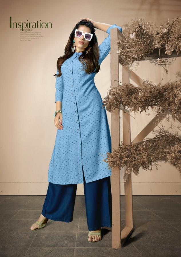 Kalariya By Gallberry Beautiful Designer Colorful Stylish Fancy Casual Wear & Ethnic Wear & Ready To Wear Heavy Rayon Liquid Two Tone Jacqaurd Butti Kurtis With Bottom At Wholesale Price