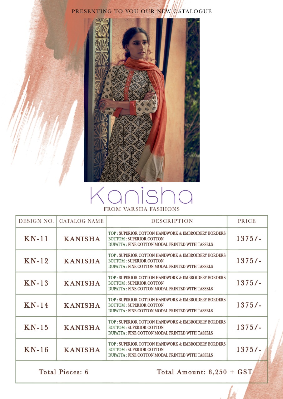 Kanisha By Varsha Fashion 11 To 16 Series Beautiful Suits Stylish Fancy Colorful Party Wear & Ethnic Wear Superior Cotton Handwork And Embroidery  Dresses At Wholesale Price