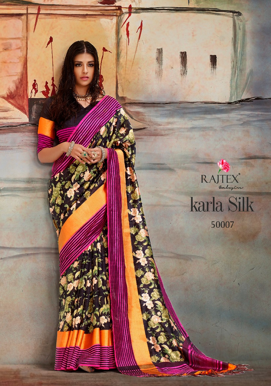 Karla Silk By Raj Tex 50001 To 50010 Series Indian Traditional Wear Collection Designer Beautiful Stylish Fancy Colorful Party Wear & Occasional Wear Nylon Printed Sarees At Wholesale Price