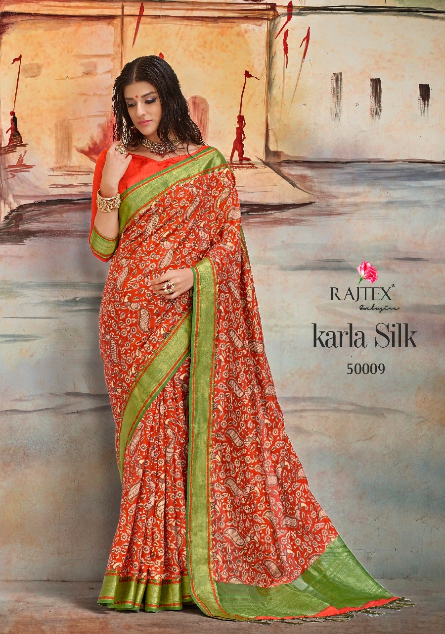 Karla Silk By Raj Tex 50001 To 50010 Series Indian Traditional Wear Collection Designer Beautiful Stylish Fancy Colorful Party Wear & Occasional Wear Nylon Printed Sarees At Wholesale Price