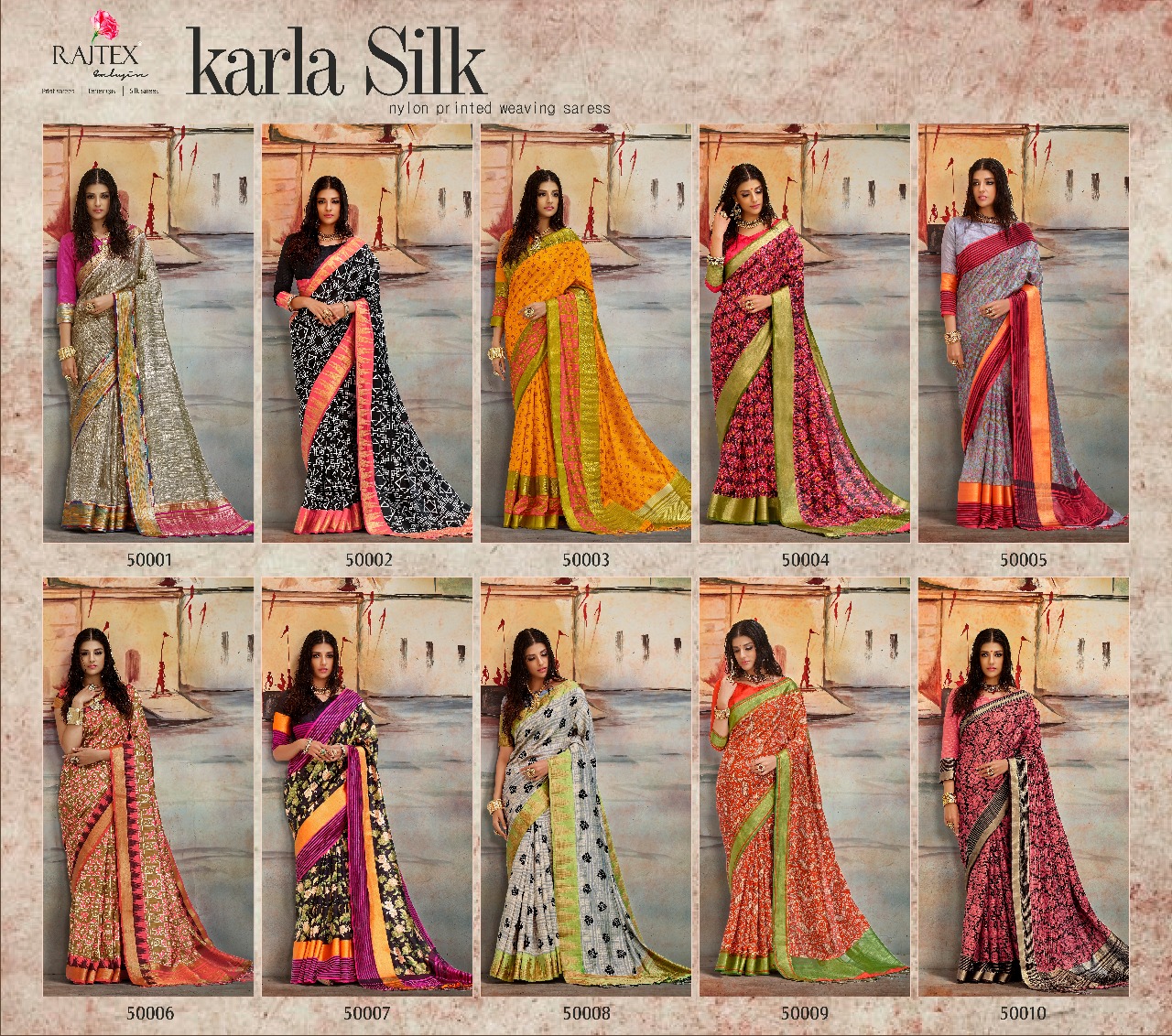 Karla Silk By Raj Tex 50001 To 50010 Series Indian Traditional Wear Collection Designer Beautiful Stylish Fancy Colorful Party Wear & Occasional Wear Nylon Printed Sarees At Wholesale Price