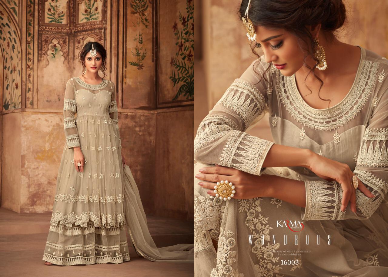 Karma 16000 Series By Karma Trendz 16002 To 16008 Series Designer Sharara Suits Collection Beautiful Stylish Fancy Colorful Party Wear & Occasional Wear Net Embroidered Dresses At Wholesale Price