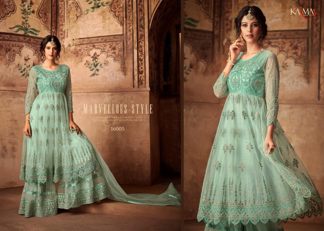 Karma 16000 Series By Karma Trendz 16002 To 16008 Series Designer Sharara Suits Collection Beautiful Stylish Fancy Colorful Party Wear & Occasional Wear Net Embroidered Dresses At Wholesale Price