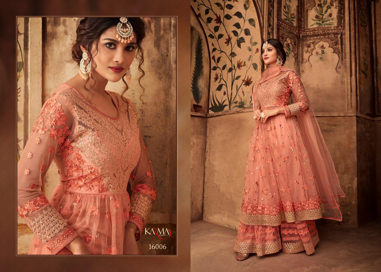 Karma 16000 Series By Karma Trendz 16002 To 16008 Series Designer Sharara Suits Collection Beautiful Stylish Fancy Colorful Party Wear & Occasional Wear Net Embroidered Dresses At Wholesale Price
