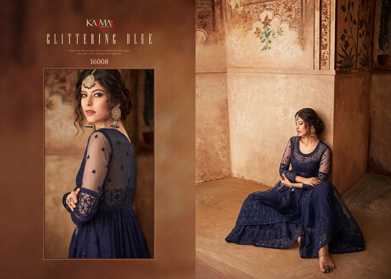 Karma 16000 Series By Karma Trendz 16002 To 16008 Series Designer Sharara Suits Collection Beautiful Stylish Fancy Colorful Party Wear & Occasional Wear Net Embroidered Dresses At Wholesale Price